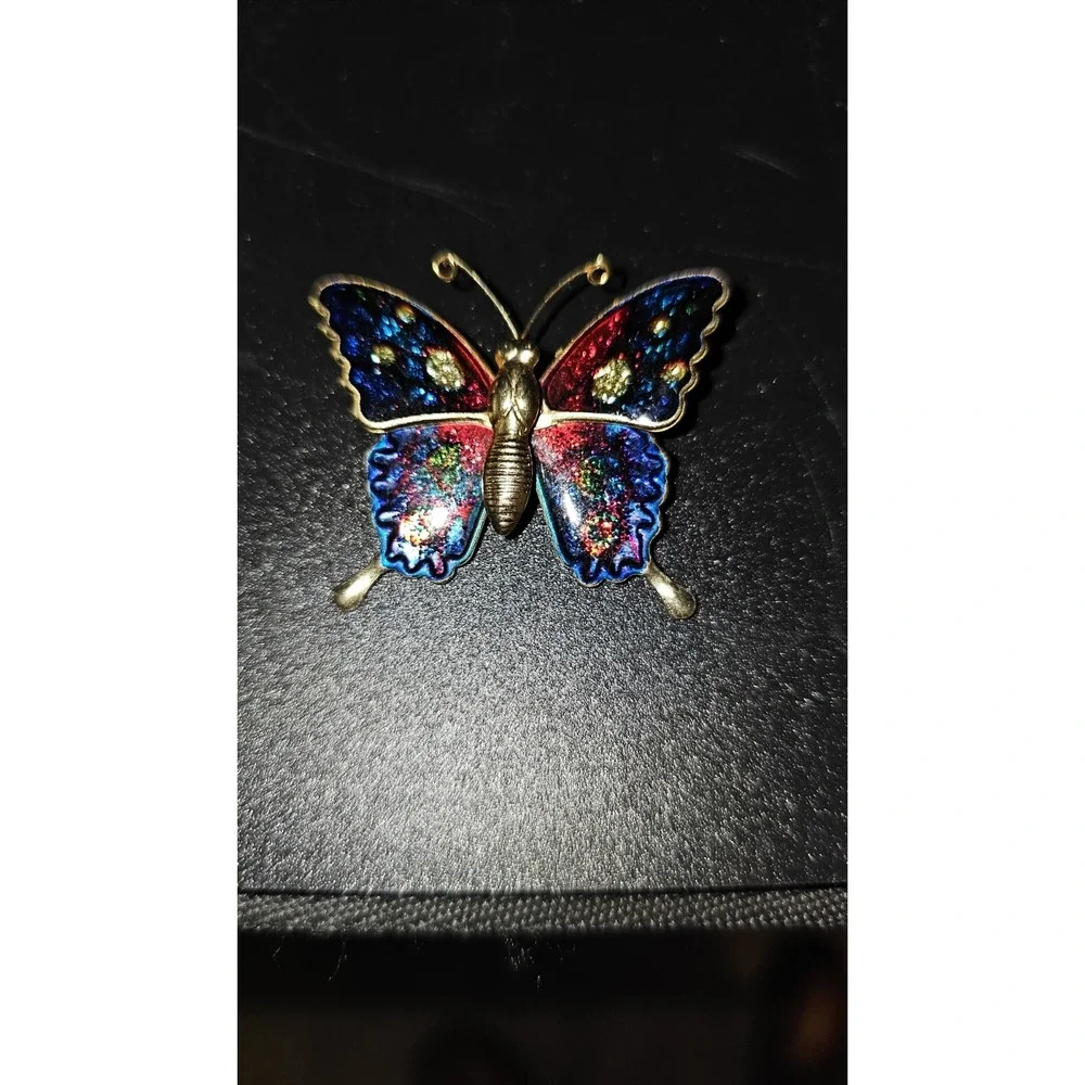 Vintage Lot Of 3 Butterflies Brooch Red/Blue/Green/Yellow Enamel Gold Tone
